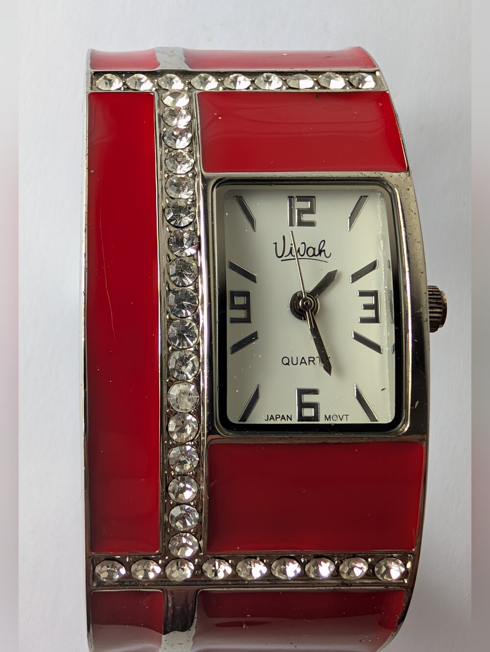 Vivah Red Enamel & Crystal Rhinestone Cuff Fashion Watch